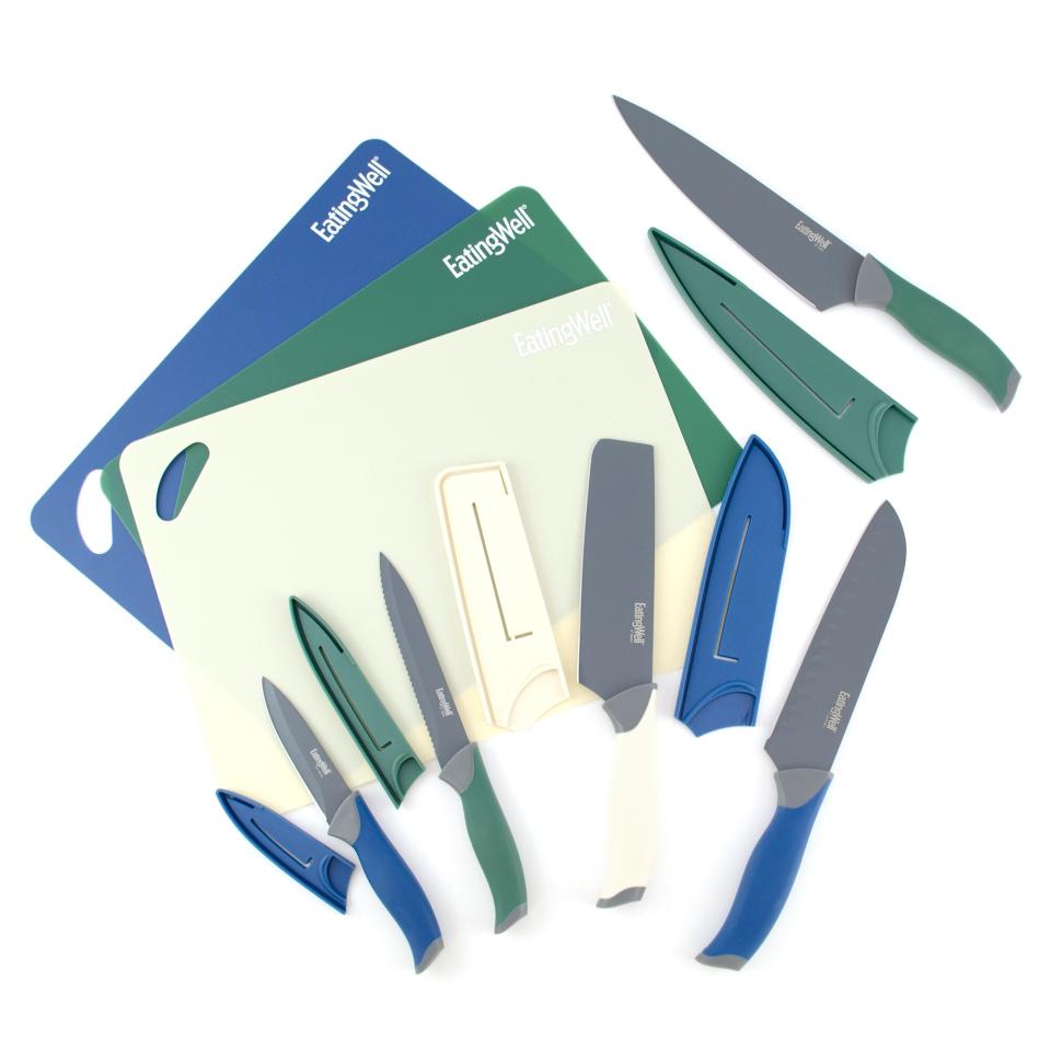 a photo of the EatingWell Cutlery Set featuring 3 cutting boards, 5 knives, and 5 knife covers in blue, green, and white