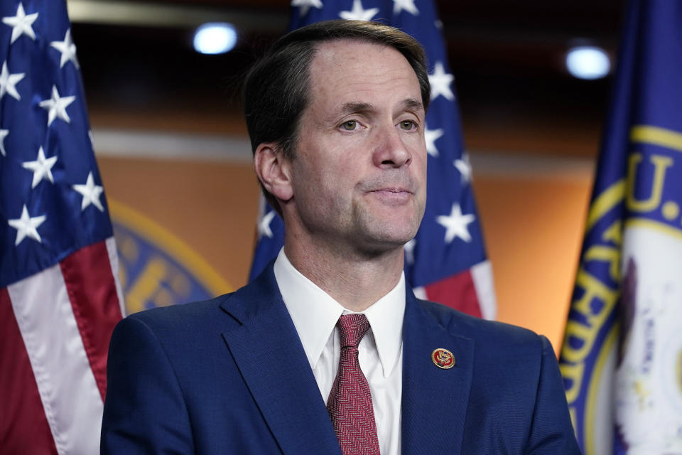 FILE — U.S. Rep. Jim Himes, D-Conn., listens to an announcement by House Speaker Nancy Pelosi, D-Calif., at the Capitol in Washington, June 16, 2021. Himes is seeking reelection in Connecticut's District 4. Republicans in the state's 4th Congressional District will choose, Tuesday, Aug. 9, 2022, between the party-endorsed candidate, Darien First Selectman Jayme Stevenson and Michael Goldstein, a doctor and lawyer from Greenwich. The winner will challenge Democratic U.S. Rep. Jim Himes in November. (AP Photo/J. Scott Applewhite, File)