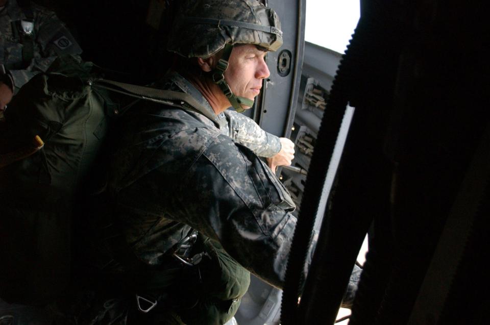 Command Sgt. Maj. Wolf Amacker, the 82nd Airborne Division Command Sergeant Major, prepares to jump from a C-130 on  March 23, 2006, during a foreign wings exchange program.