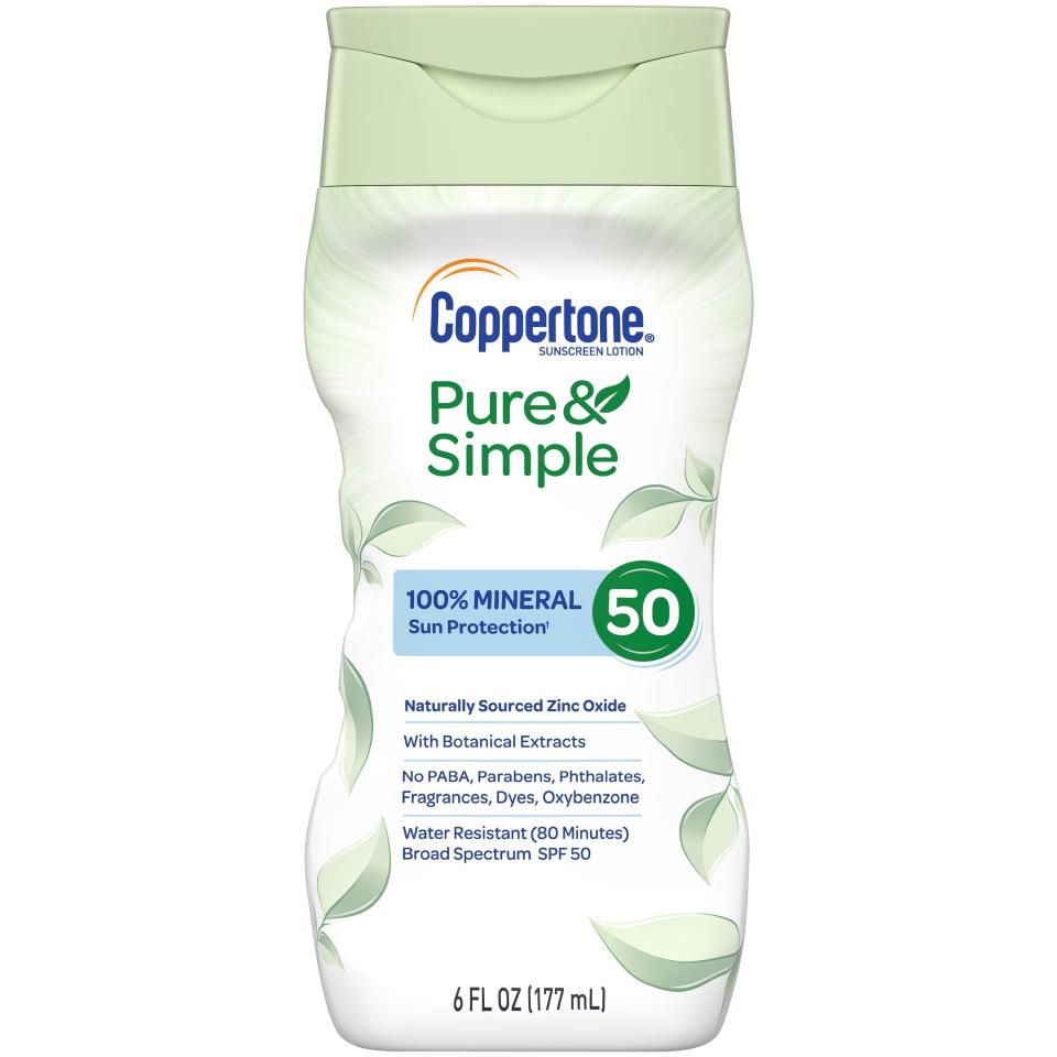 3) Coppertone Pure & Simple SPF 50 Sunscreen Lotion, Water Resistant, Hypoallergenic, Dermatologically Tested, Plus 100% Natural Botanicals, Broad Spectrum UVA/UVB Protection,White, 6 Ounce