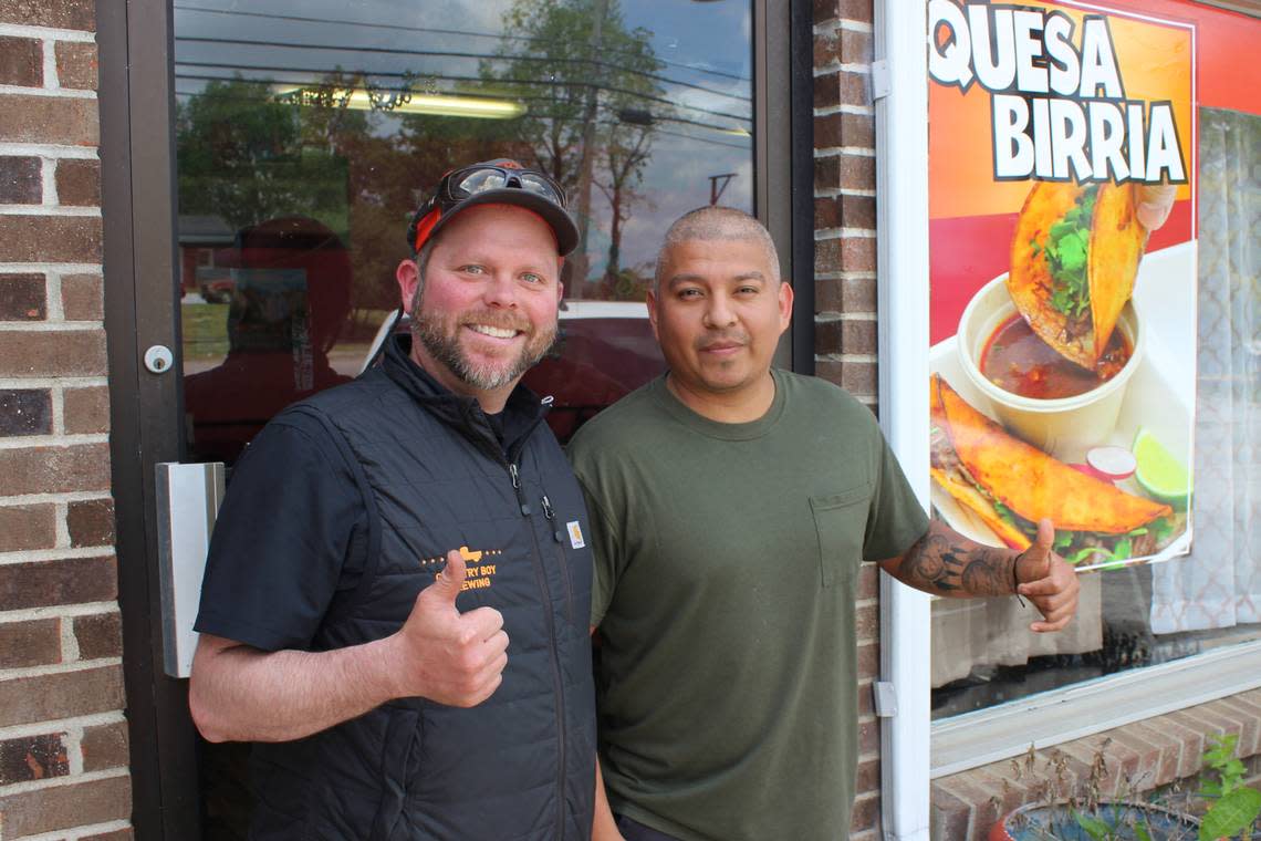 Daniel “DH” Harrison co-founder of Country Boy Brewing, with Edgar Sanchez, co-owner of Tienda San Juan Taqueria in Georgetown. The restaurant is lunch spot popular with Country Boy’s beer makers, who are bringing San Juan’s menu of tacos and more to the Lexington taproom permanently. Provided