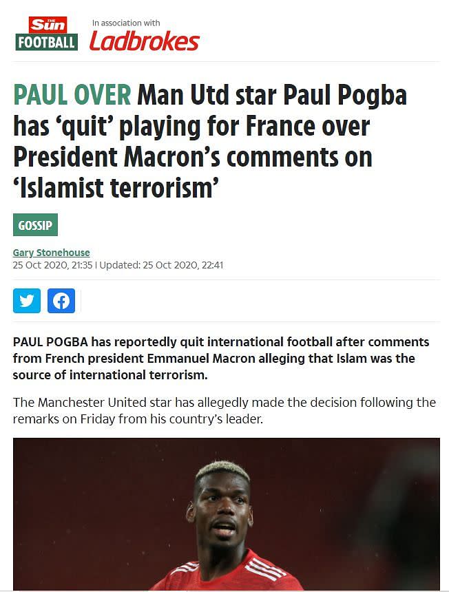 An archive of the post can be found <a href="https://web.archive.org/web/20201025224931/https://www.thesun.co.uk/sport/13020178/man-utd-paul-pogba-quits-france/" rel="nofollow noopener" target="_blank" data-ylk="slk:here;elm:context_link;itc:0;sec:content-canvas" class="link ">here</a>.