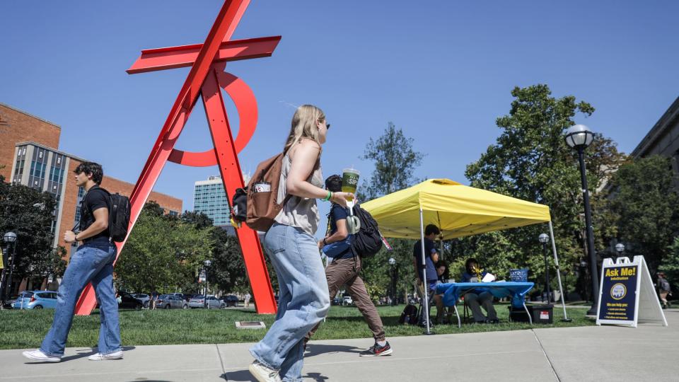 Information stations are strategically placed around the campus to help direct students to classes and other resources after the internet went down on the University of Michigan campus in Ann Arbor, Mich. on Tuesday, Aug. 29, 2023. The Information Assurance team at the university shut down the internet at all the campuses on Sunday, Aug. 27 at 1:45 p.m. after a significant security concern was found.