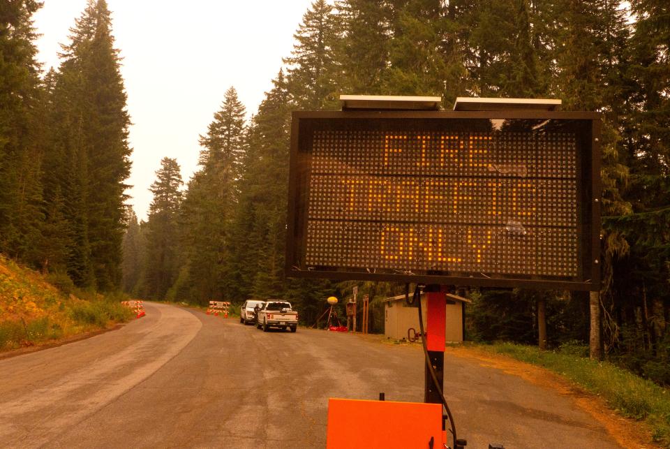 A road sign warns visitors that the road to Waldo Lake east of Oakridge. 