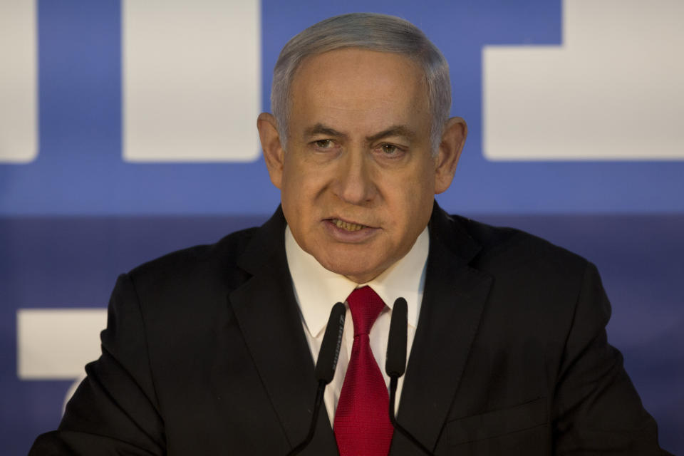 Israeli Prime Minister Benjamin Netanyahu delivers a statement at the Prime Minister's residence in Jerusalem, Thursday, Feb. 28, 2019. Israel's attorney general on Thursday recommended indicting Prime Minister Benjamin Netanyahu with bribery and breach of trust in a series of corruption cases, a momentous move that shook up Israel's election campaign and could spell the end of the prime minister's illustrious political career. (AP Photo/Sebastian Scheiner)