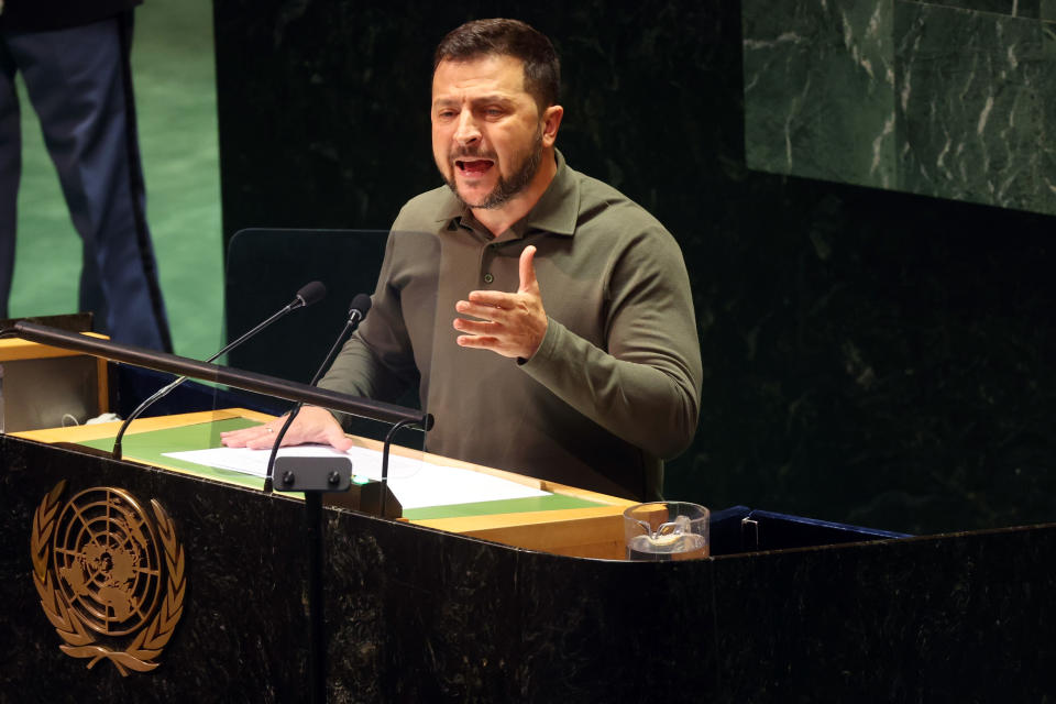 Zelensky addresses the United Nations General Assembly in New York City on Tuesday. (Spencer Platt/Getty Images)