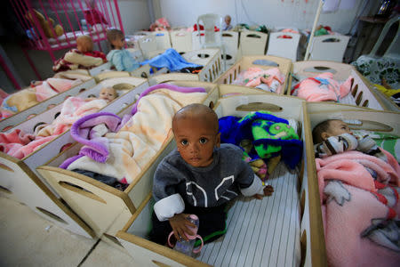 Children of Islamic State fighters, who suffer from malnourishment, are seen at a hospital in Hasaka, northeastern Syria April 6, 2019. REUTERS/Ali Hashisho