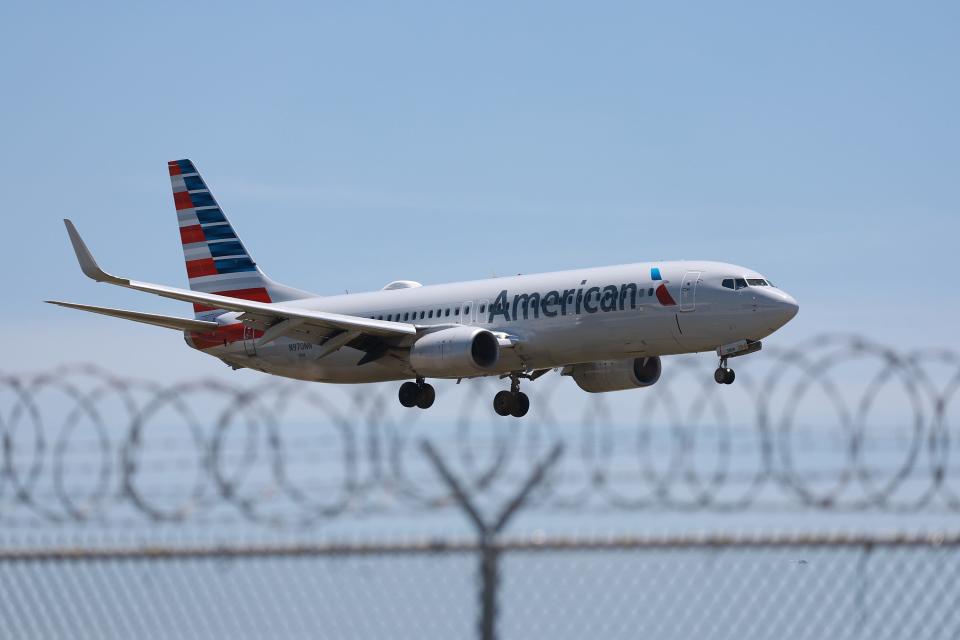 An American Airlines plane prepares to land at the Miami International Airport on May 02, 2023 in Miami, Florida