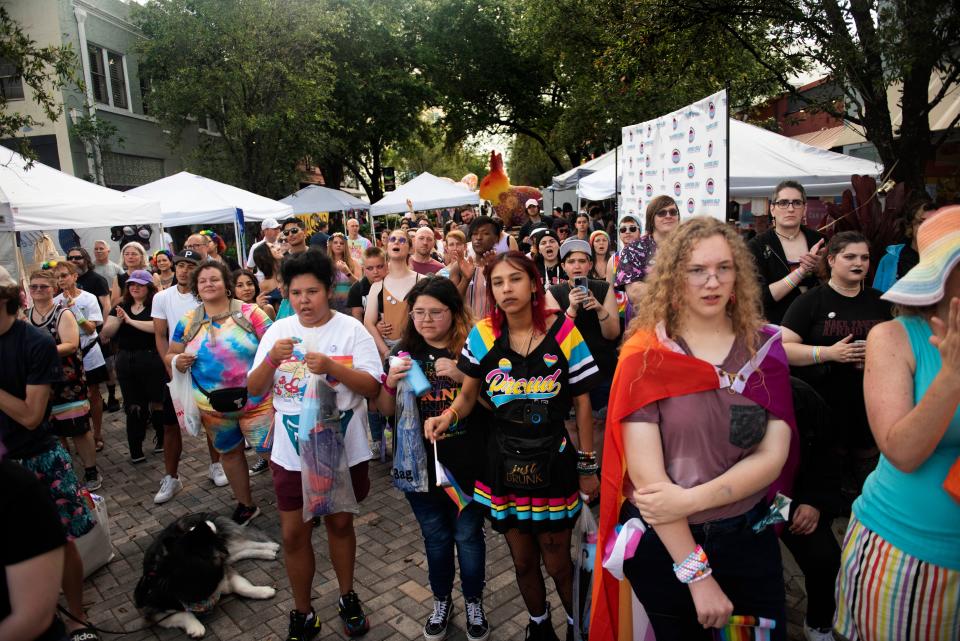 LGBTQ advocates attend Pride on Block on Clematis Street on Saturday, June 3, 2023, in West Palm Beach, Florida. This year's festivities took place after other Florida communities either canceled or pared back their events in fear of crossing new state laws.