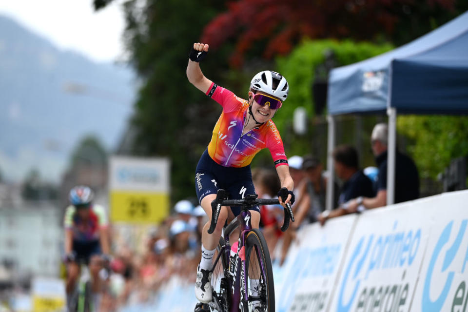 Niamh Fisher-Black (SD Worx) celebrates taking victory on stage 4 of the Tour de Suisse Women