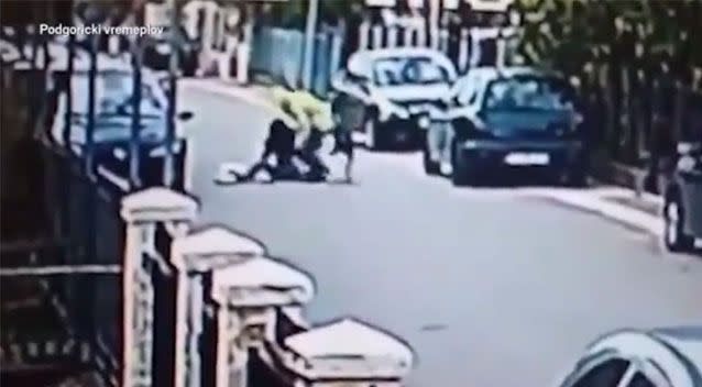 The dog came to the rescue of the woman as she was flung to the ground. Facebook/Podgoricki Vermeplov