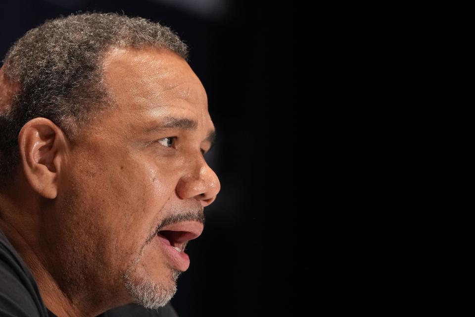 Providence coach Ed Cooley during a Thursday press conference at the Greensboro Coliseum.