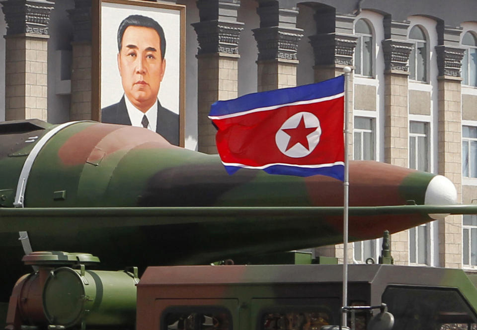 FILE - In this file photo taken Sunday, April 15, 2012, what appears to be a new missile is carried during a mass military parade at the Kim Il Sung Square in Pyongyang, North Korea, to celebrate the 100th anniversary of the country's founding father Kim Il Sung. North Korea's military, founded 81 years ago Thursday, is older than the country itself. It began as an anti-Japanese militia and is now the heart of the nation's “military first” policy. Late leader Kim Jong Il elevated the military's role during his 17-year rule, boosting troop levels to an estimated 1.2 million soldiers, according to the South Korean government. The military's new supreme commander, Kim Jong Un, gave the Korean People's Army a sharpened focus this year by instructing troops to build a “nuclear arms force.” (AP Photo/Ng Han Guan, File)