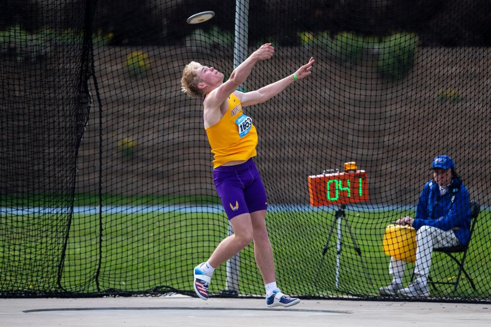 Indianola's Walker Whalen competes in the discus throw, during the Drake Relays, on Thursday, April 28, 2022, at Drake Stadium, in Des Moines. 