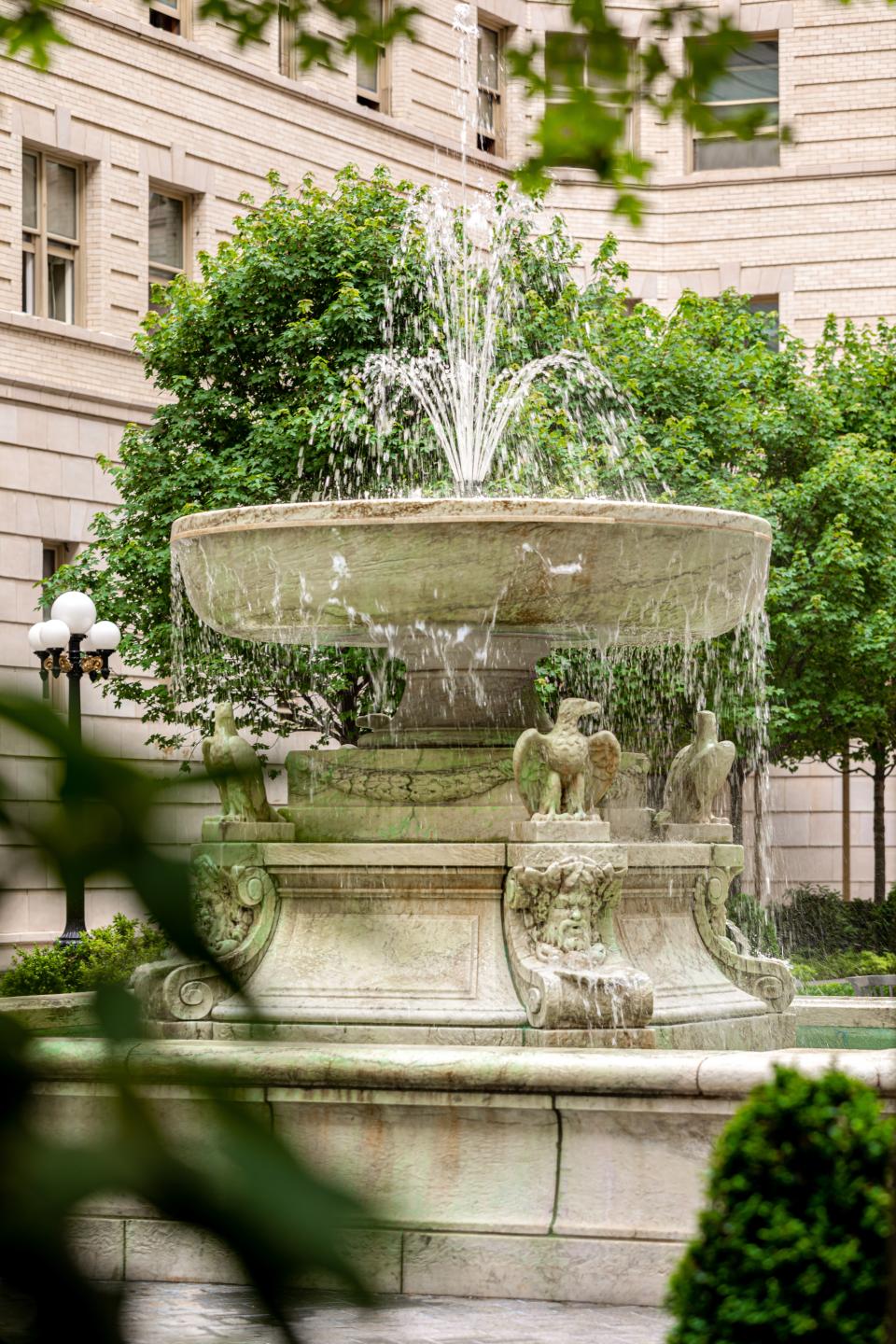 A fountain within the Belnord’s newly renovated courtyard.