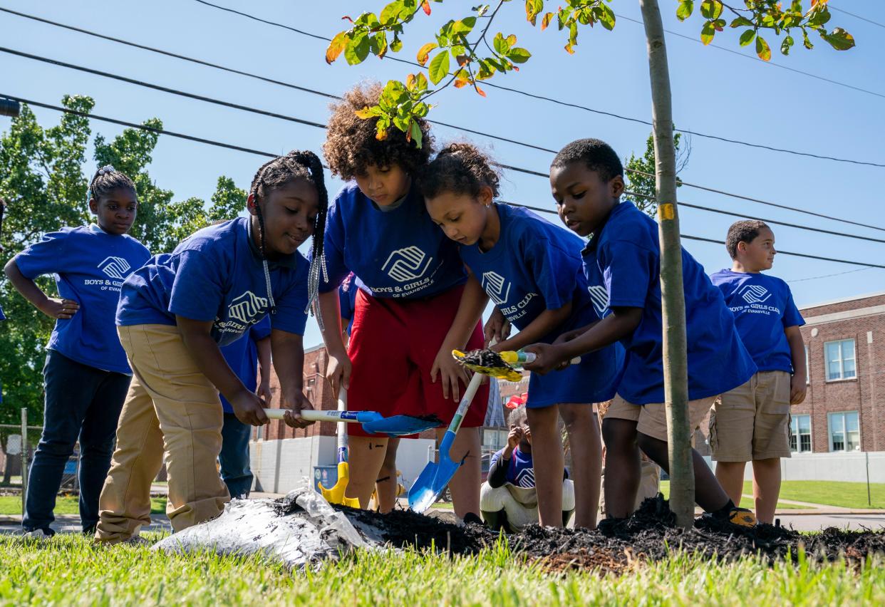 Kids help lay mulch around a recently planted Black Tupelo tree outside the Boys and Girls Club of Evansville during a statewide day of service in recognition of Mental Health Awareness month Thursday, May 9, 2024.