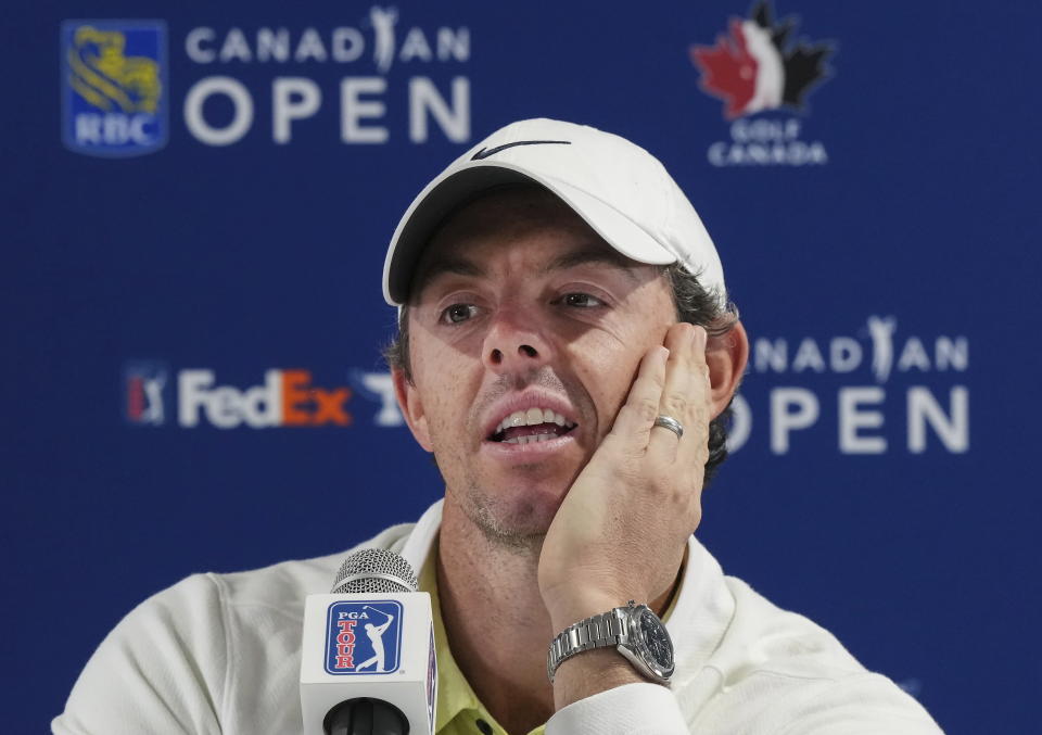Rory McIlroy speaks to the media about the deal merging the PGA Tour and European tour with Saudi Arabia's golf interests at the Canadian Open golf tournament in Toronto on Wednesday, June 7, 2023. (Nathan Denette/The Canadian Press via AP)