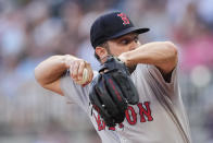 Boston Red Sox pitcher Kutter Crawford (50) delivers to an Atlanta Braves batter in the first inning of a baseball game Tuesday, May 7, 2024, in Atlanta. (AP Photo/John Bazemore)