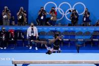 Simone Biles, of the United States, competes during the women's artistic gymnastics balance beam final at the 2020 Summer Olympics, Tuesday, Aug. 3, 2021, in Tokyo, Japan. (AP Photo/Morry Gash)