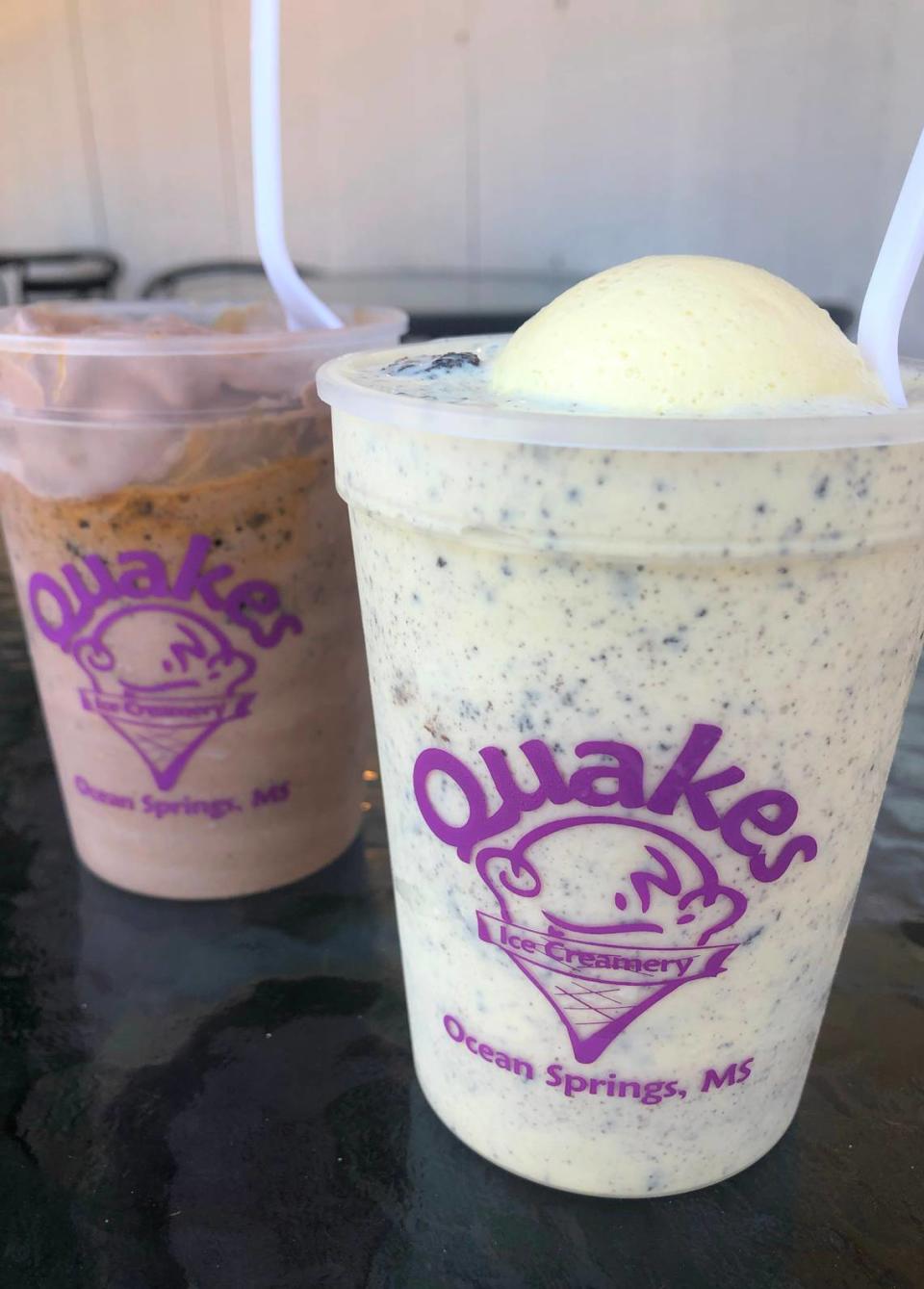 The Cookie Crumble and Mississippi Mud Pie specialty quakes at Quakes Ice Creamery in Ocean Springs on Thursday, Aug. 17, 2023. Hannah Ruhoff/Sun Herald