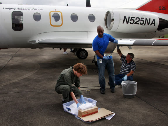 Researcher on NASA's 'bug team' prepare test surfaces to attach to the wings of NASA Langley's HU-25C Falcon aircraft before a flight through the sticky late summer weather in Virginia.