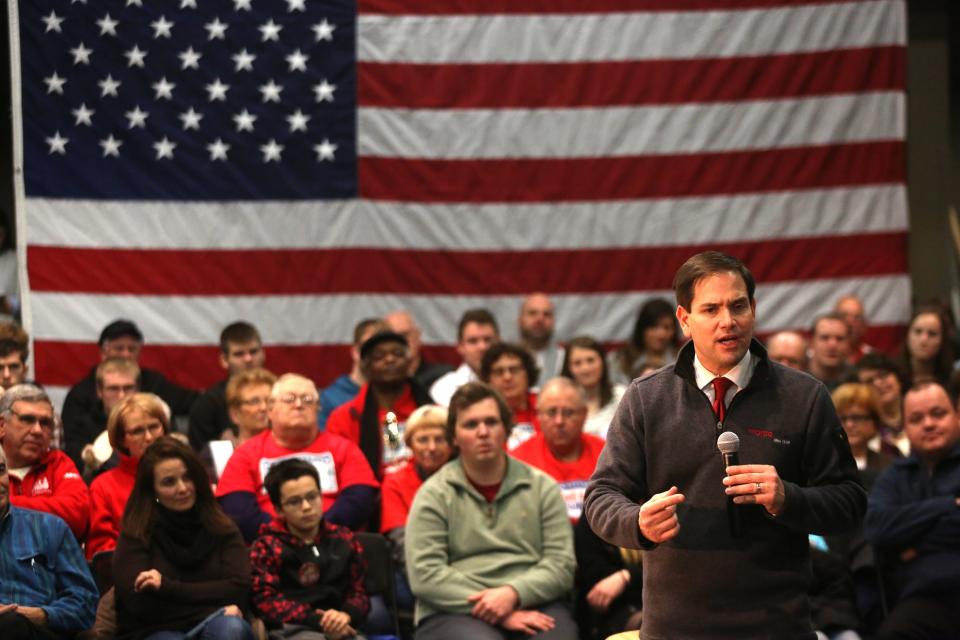 Presidential candidate Marco Rubio makes a point during a campaign stop at Simpson College's Kent Center in 2016.