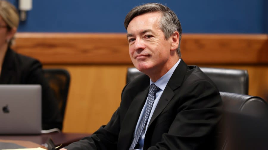 <em>Lawyer Kenneth Chesebro, appears before Judge Scott MacAfee during a motions hearing on Oct. 10, 2023, in Atlanta.</em>