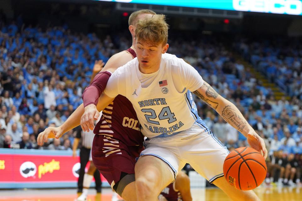 Jan 17, 2023; Chapel Hill, North Carolina, USA; North Carolina Tar Heels guard Tyler Nickel (24) with the ball as Boston College Eagles guard Mason Madsen (45) defends in the second half at Dean E. Smith Center. Mandatory Credit: Bob Donnan-USA TODAY Sports