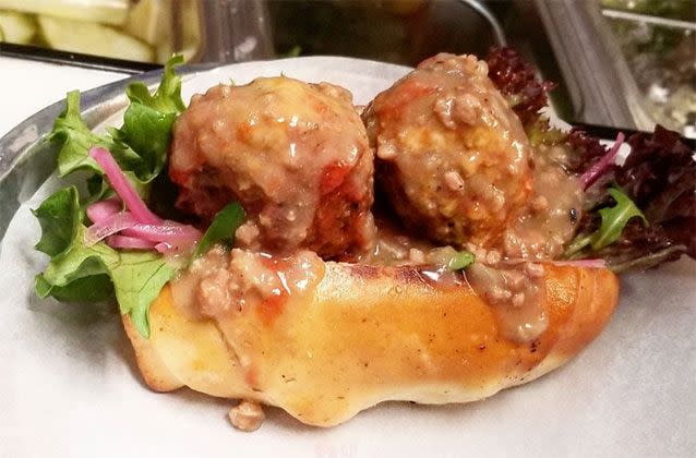 A locally-raised rabbit meatball sub with coffee gravy, mixed greens and pickled red onion, was part of Exotic Meat Month. Source: Bull City Burger and Brewery /Twitter