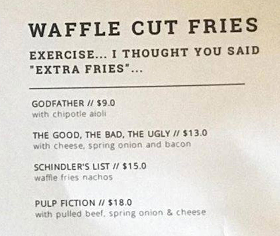 The Schindler’s List waffle cut fries were removed from the menu. Other menu items are also named after movies. Source: Supplied