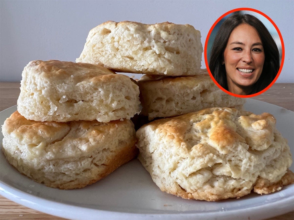 A photo of a pile of biscuits on a white plate with an inset of Joanna Gaines.