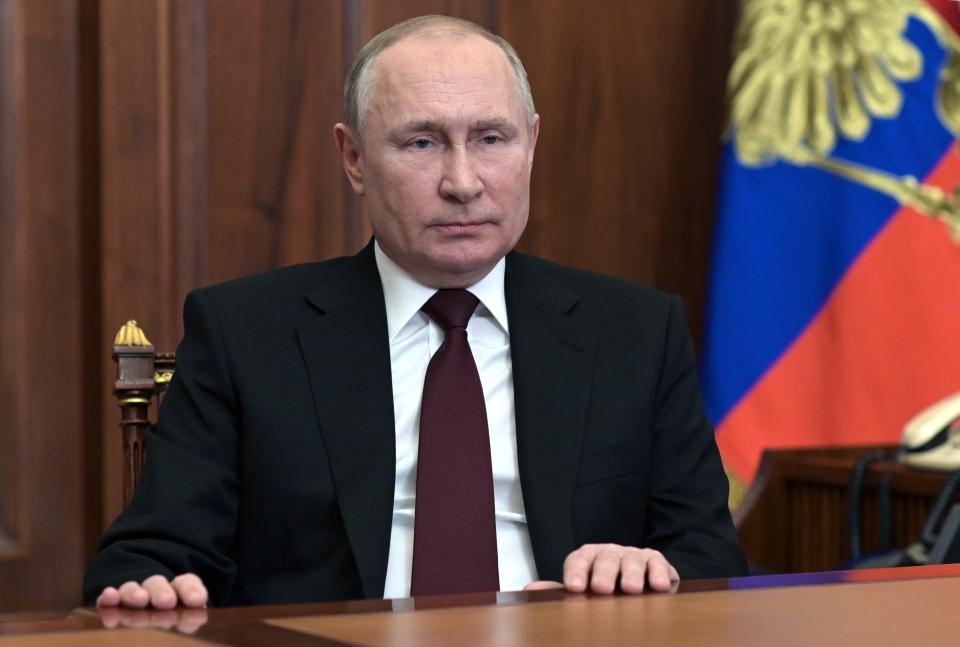 Russian President Vladimir Putin addresses the nation in the Kremlin in Moscow, Russia, Feb. 21, 2022. 