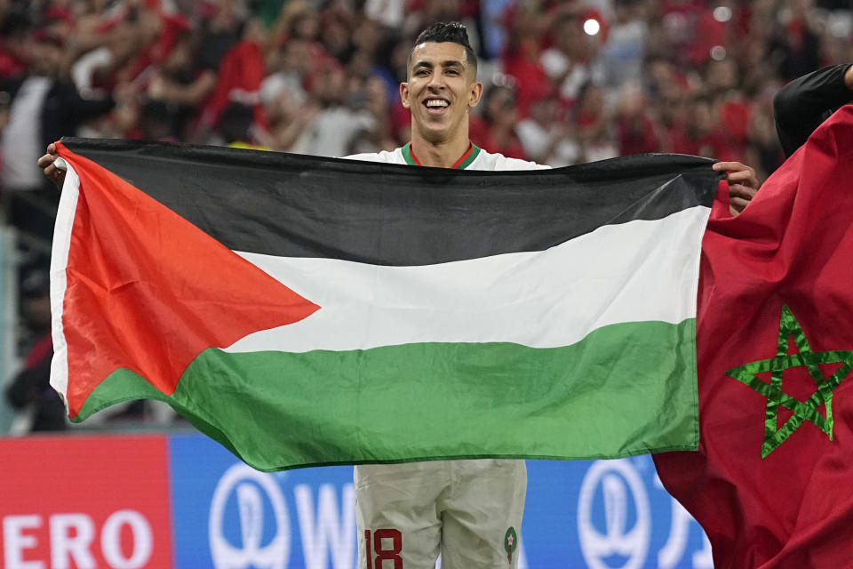 Morocco's Jawad El Yamiq celebrates after the World Cup group F soccer match between Canada and Morocco at the Al Thumama Stadium in Doha , Qatar, Thursday, Dec. 1, 2022. (AP Photo/Pavel Golovkin)