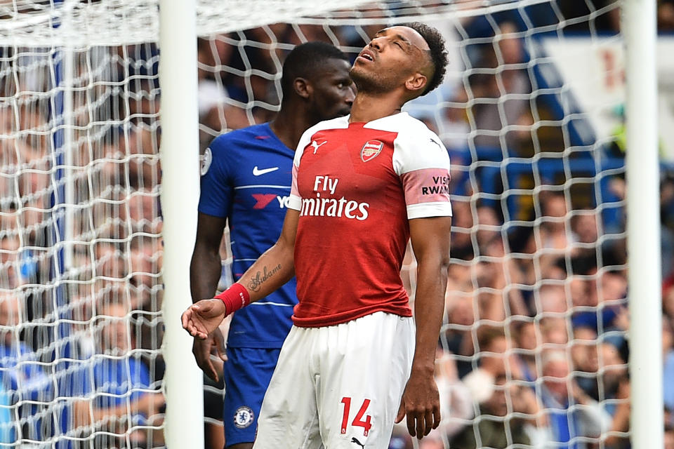 Pierre-Emerick Aubameyang missed a sitter for Arsenal against Chelsea. (Getty)