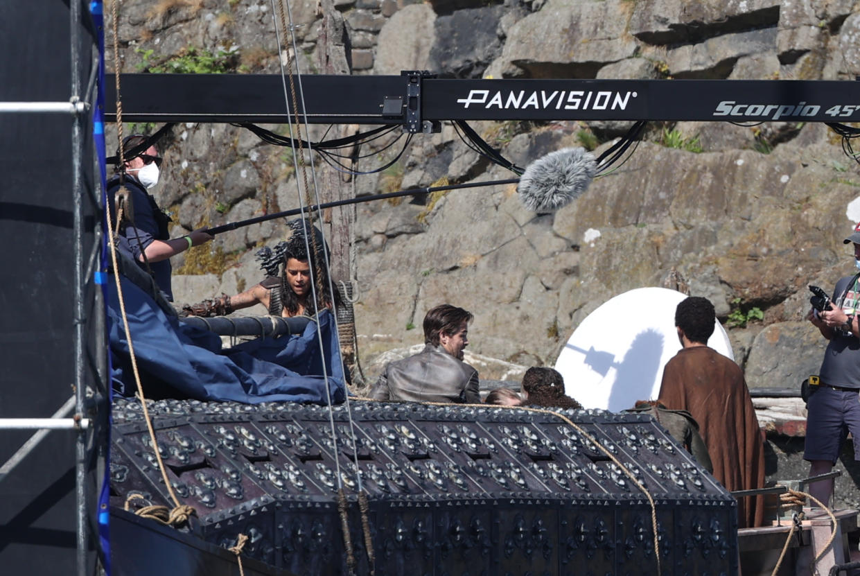 Michelle Rodriguez, Chris Pine and Justice Smith during filming (Liam McBurney/PA)