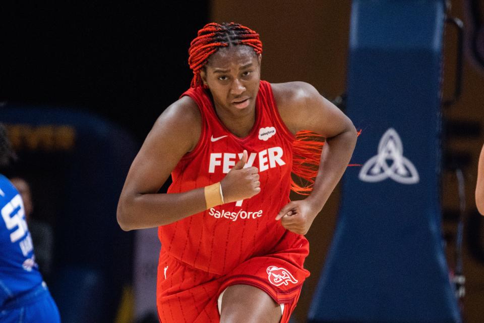 May 19, 2023; Indianapolis, Indiana, USA; Indiana Fever forward Aliyah Boston (7)  in the first half against the Connecticut Sun at Gainbridge Fieldhouse.