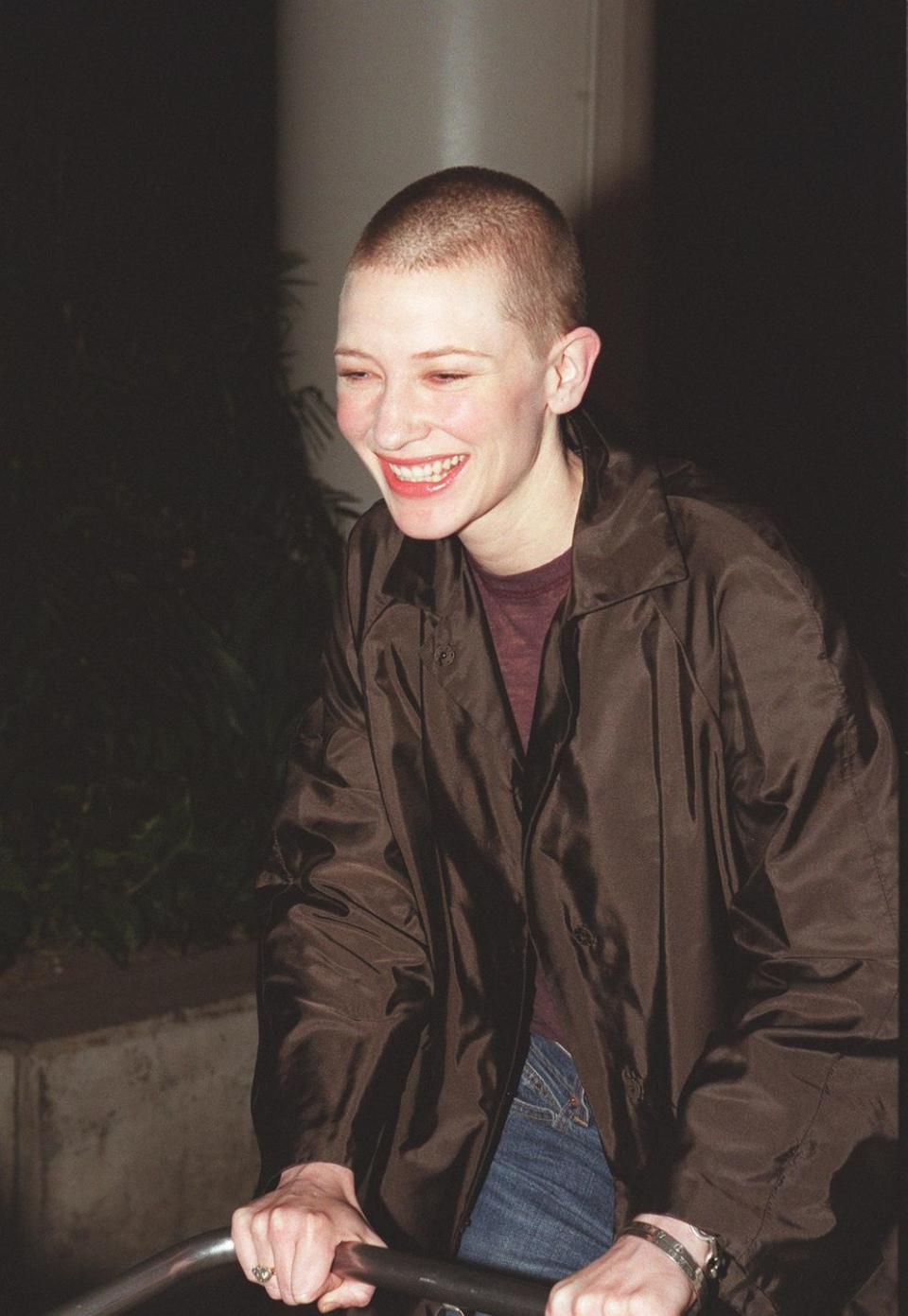 <p>Proving that she is one of Hollywood's most talented chameleons, Cate Blanchett showed off her freshly shaved head after filming the 2002 film, <em>Heaven</em>.  </p>