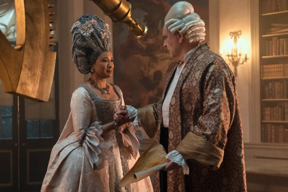 Golda Rosheuvel as Queen Charlotte, James Fleet as King George (LIAM DANIEL/NETFLIX)