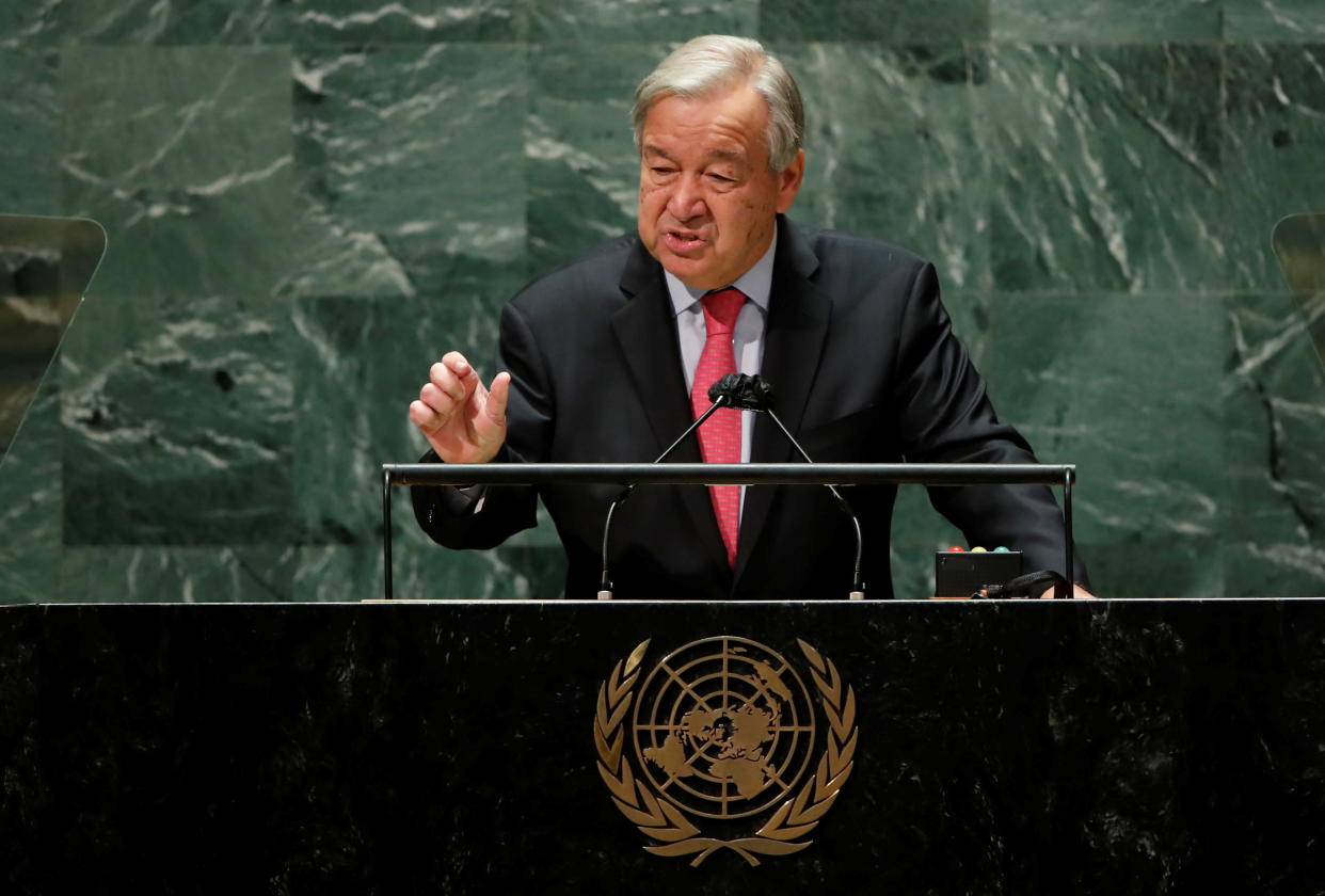 United Nations Secretary-General Antonio Guterres speaks at a podium.