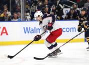 Nov 20, 2017; Buffalo, NY, USA; Columbus Blue Jackets left wing Artemi Panarin (9) skates with the puck to score a goal against the Buffalo Sabres during the third period at KeyBank Center. Kevin Hoffman-USA TODAY Sports