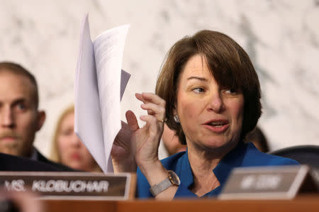 U.S. Senator Amy Klobuchar (D-MN) speaks during the confirmation hearing for U.S. Supreme Court nominee judge Brett Kavanaugh on Capitol Hill in Washington, U.S., September 4, 2018. REUTERS/Chris Wattie