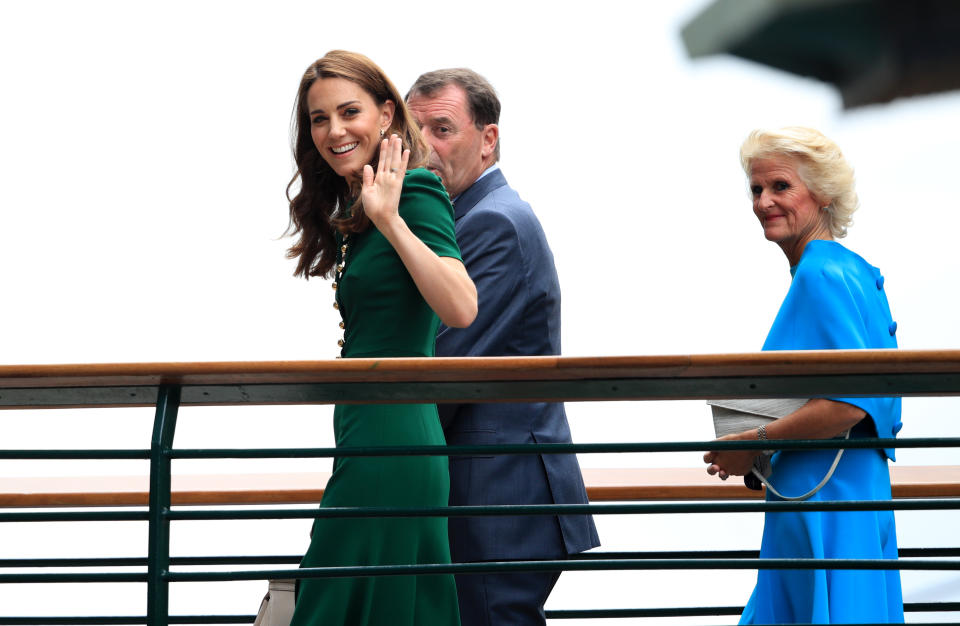 The Duchess of Cambridge arrives on day twelve of the Wimbledon Championships at the All England Lawn Tennis and Croquet Club, Wimbledon.