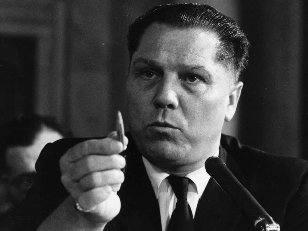 American labour leader Jimmy Hoffa (1913 - 1975), President of the Teamster’s Union, testifying at a hearing investigating labor rackets on 11 August 1958 (Getty Images)