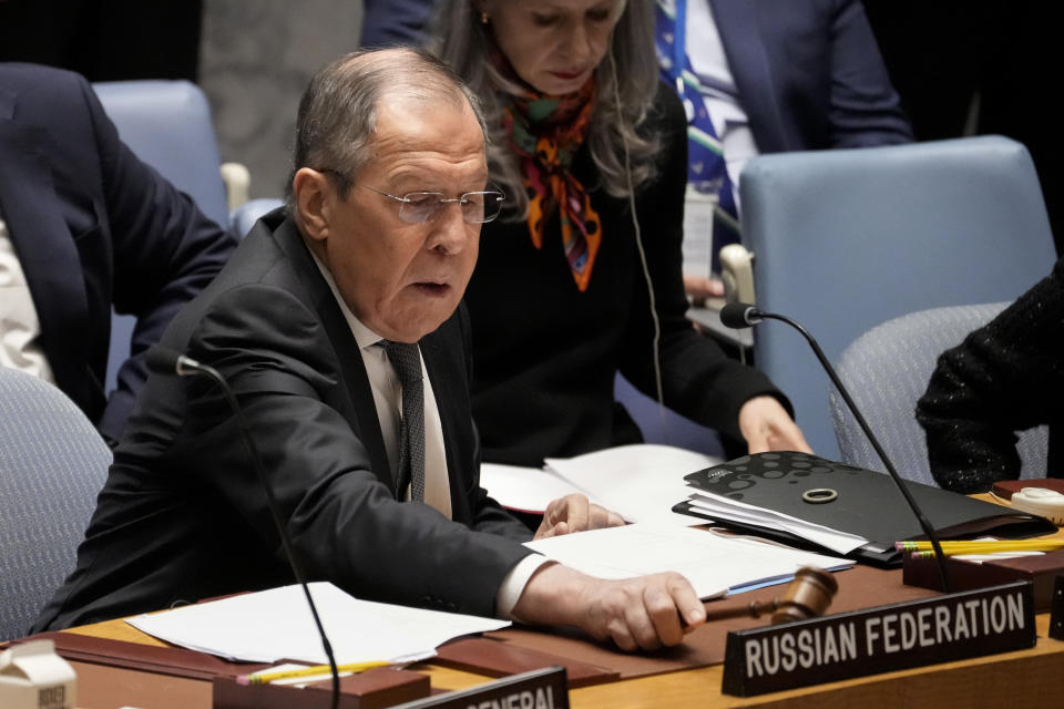 Russia's foreign minister Sergey Lavrov, serving as the president of the Security Council gavels in a meeting of the U.N. Security Council, Monday, April 24, 2023, at United Nations headquarters. (AP Photo/John Minchillo)