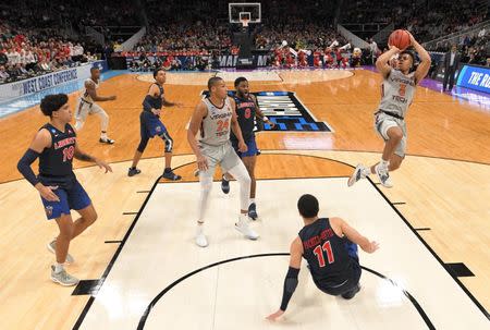 Mar 24, 2019; San Jose, CA, USA; Virginia Tech Hokies guard Wabissa Bede (3) shoots against the Liberty Flames during the second half in the second round of the 2019 NCAA Tournament at SAP Center. Mandatory Credit: Kyle Terada-USA TODAY Sports