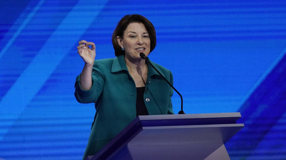 Sen. Amy Klobuchar, D-Minn., responds to a question Thursday, Sept. 12, 2019, during a Democratic presidential primary debate hosted by ABC at Texas Southern University in Houston. (AP Photo/David J. Phillip)