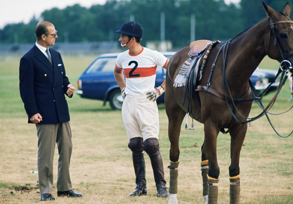 <p>In this pre-polo photo, Prince Charles might be getting some last-minute advice from his father.</p>