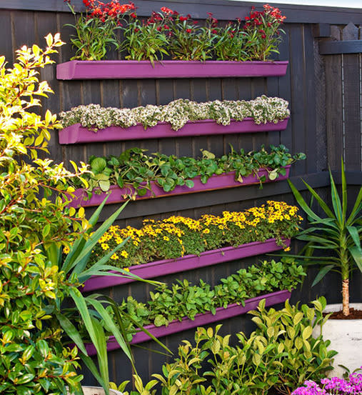 A sunny wall or fence is an ideal environment for growing plants such as herbs, flowers and small veggies in a restricted space. Try this cute gardens made from guttering to brighten up a corner of your yard. <br><br>Click here for <a rel="nofollow" href="https://au.lifestyle.yahoo.com/better-homes-gardens/gardening/h/20305528/how-to-build-a-gutter-garden/" data-ylk="slk:how to build a gutter garden;elm:context_link;itc:0;sec:content-canvas" class="link ">how to build a gutter garden</a>