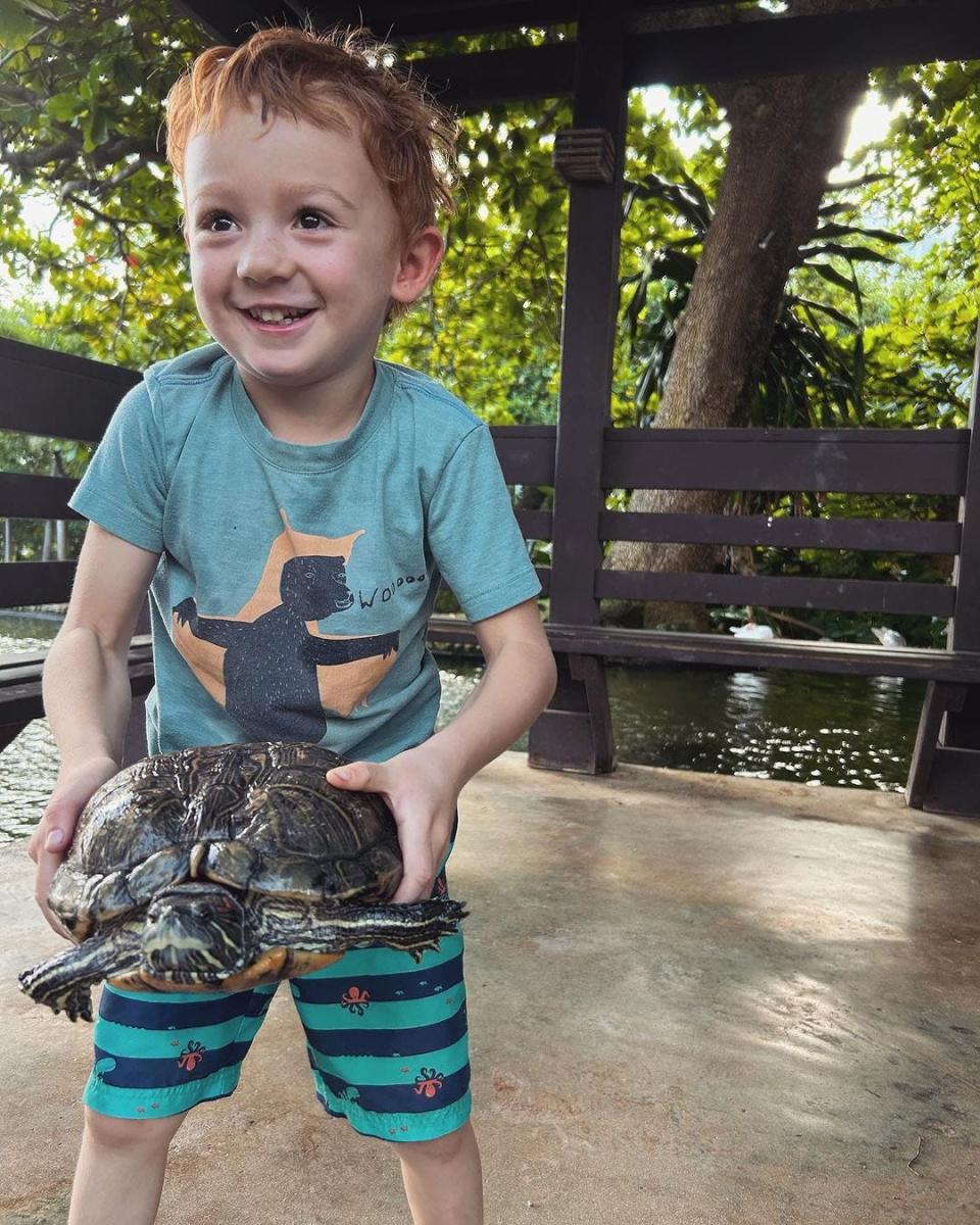 Child holding turtle at resto in Puerto Rico