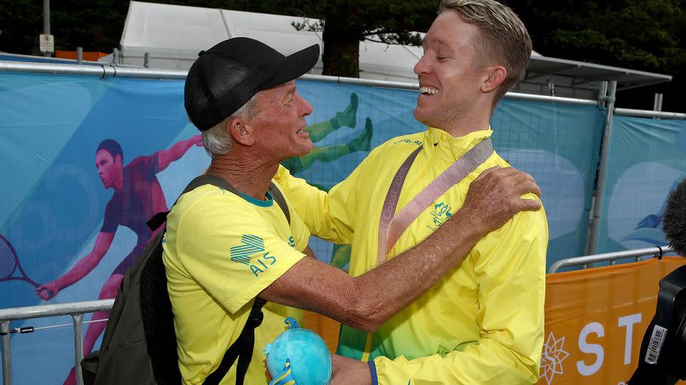 Gold medal winner Meyer and his very proud dad. Pic: Getty